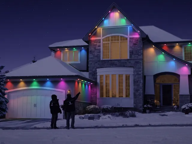 Preview: permanent lighting track under the soffits of a two-storey home, colour-changing pucks lit at dusk