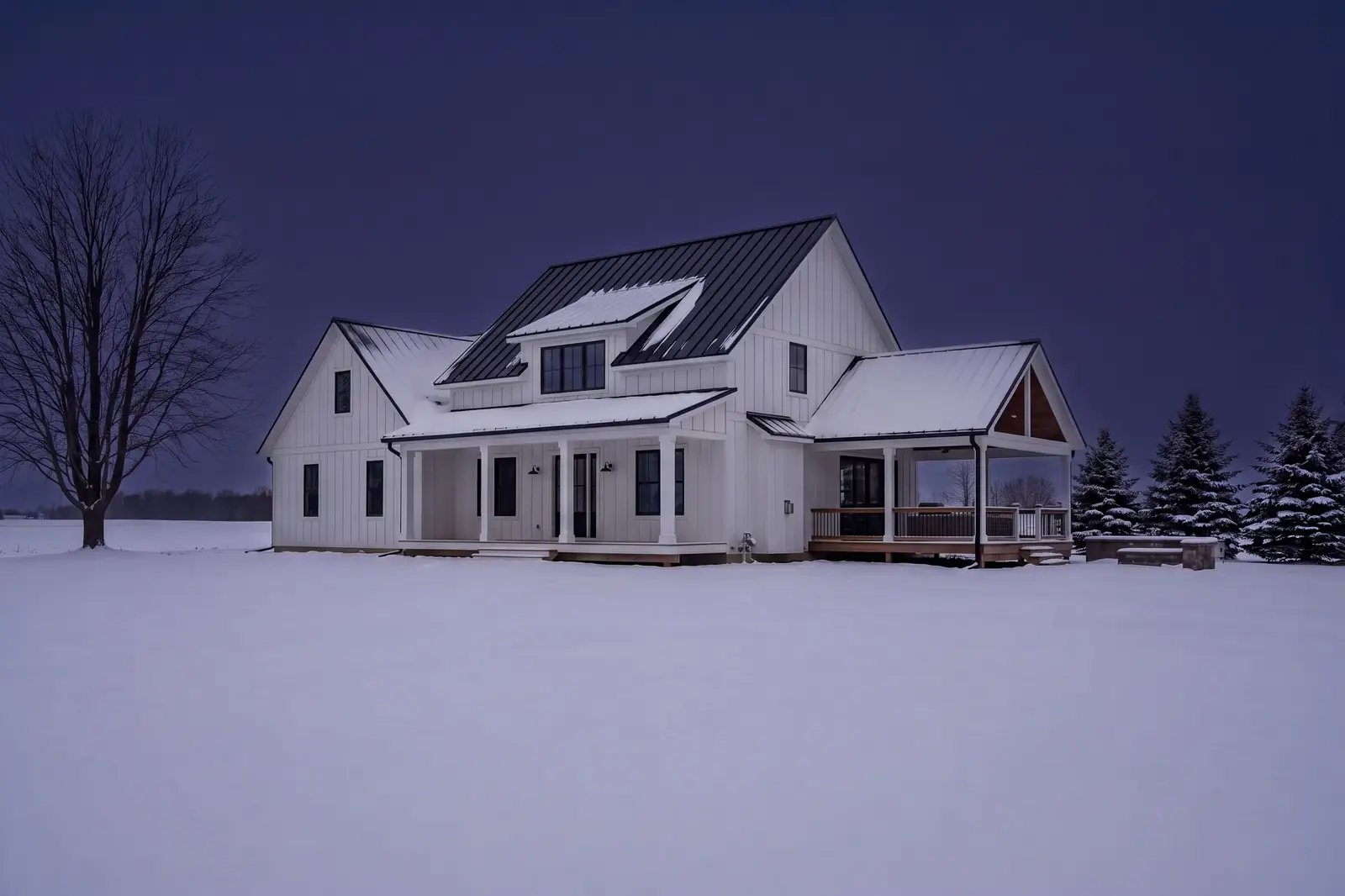 The same farmhouse with the lights off